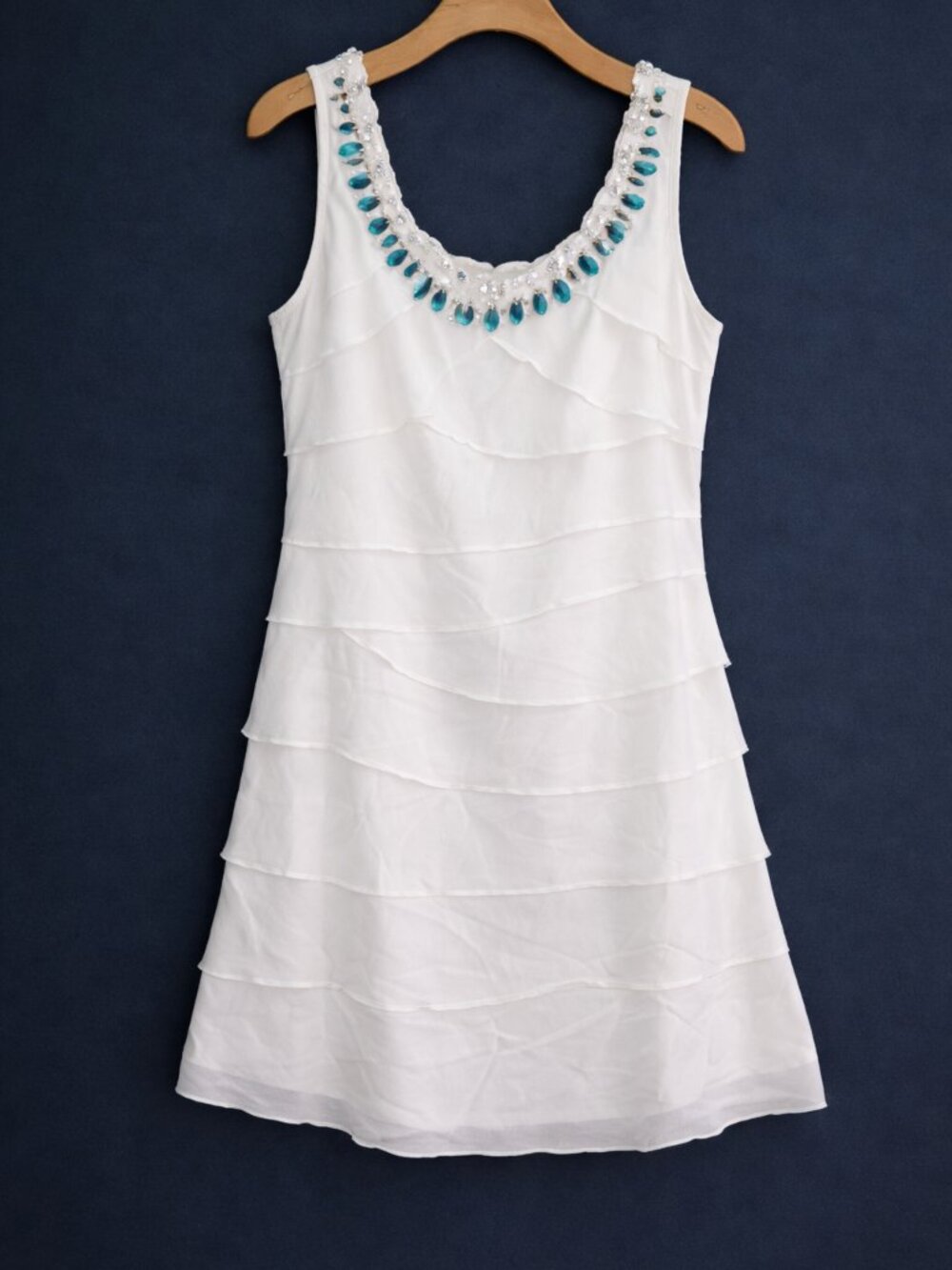 Dress Barn White Tiered Layered Dress Beaded Neckline size 14 Lined Boho EC